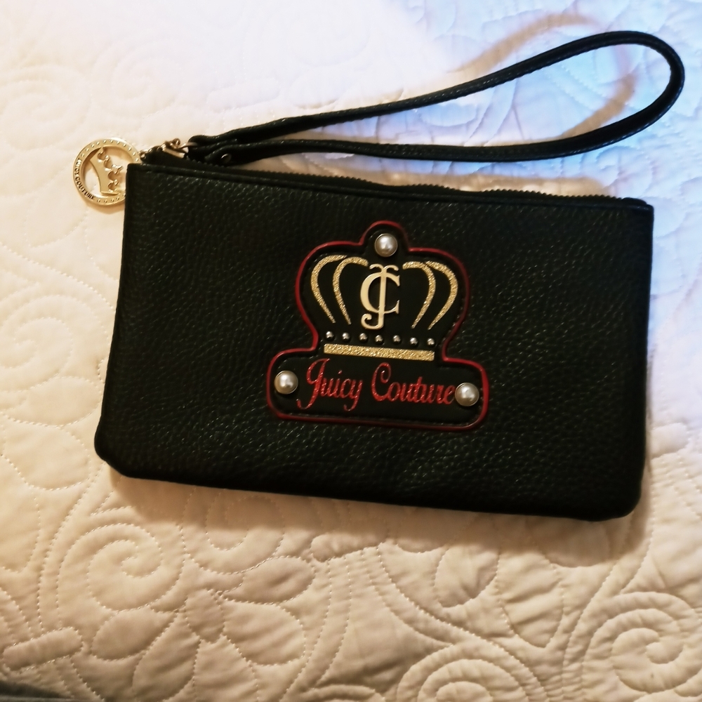 Juicy Couture Black Faux Leather Large Wristlet with Pearl & Stud Details